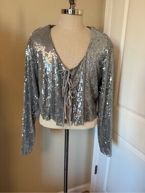 Forever 21 Silver Sequin Tie-Front Cardigan